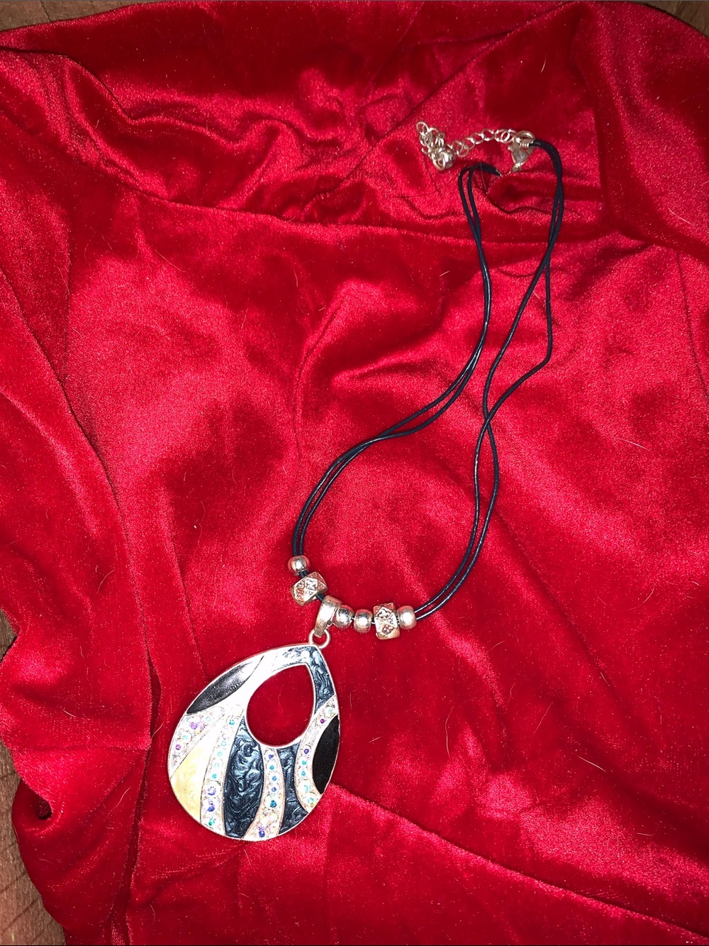 Silver-Tone Multicolor Teardrop Pendant Necklace with Black Cord